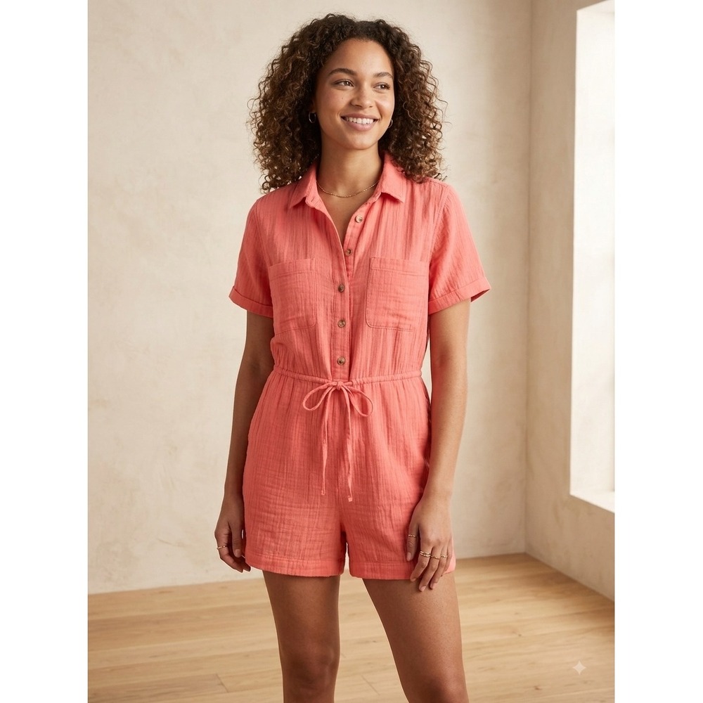 Old Navy Womens Coral Pink Cotton Gauze Button Utility Romper M 100% Cotton